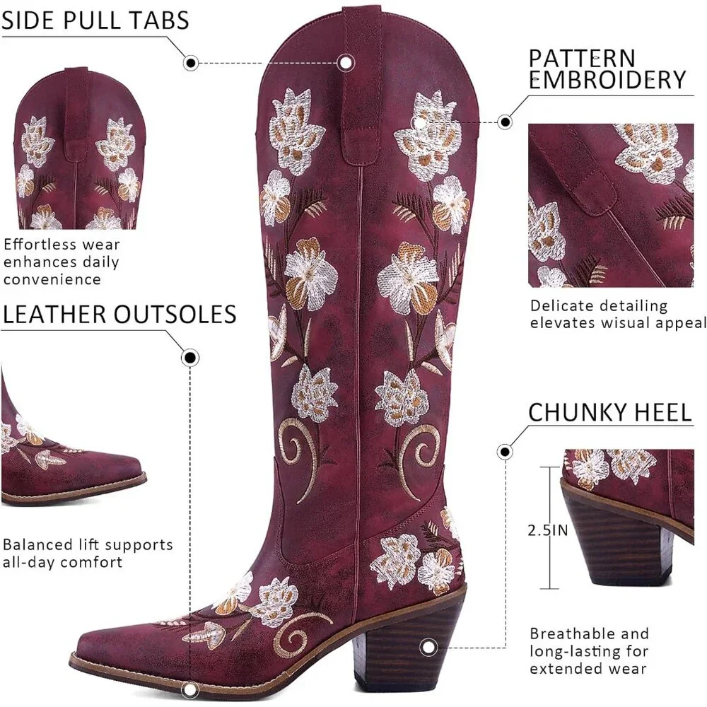 Women's Burgundy Cowboy Boots Knee High Floral Embroidered Western Boots Pull On - Picture 4 of 6